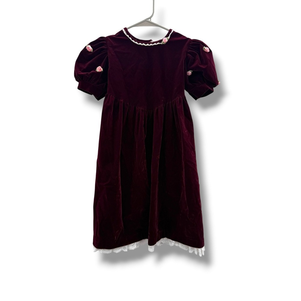 Vintage OshKosh Velvet Dress Girls 6X Burgundy Puff Sleeve Lace Rose Holiday